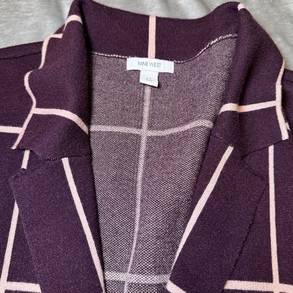 Nine West Womens Size Medium Burgundy Windowpane Plaid Long Cardigan Sweater - Picture 6 of 12